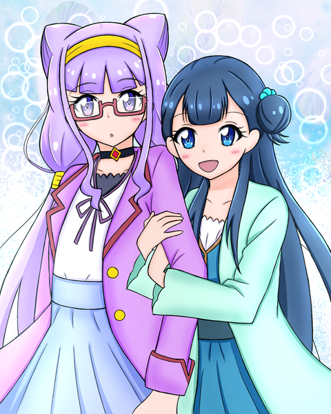 Anime picture 1000x1250 with precure hugtto! precure toei animation ruru amour yakushiji saaya kaserio long hair tall image looking at viewer blush fringe open mouth blue eyes smile standing purple eyes twintails multiple girls blue hair looking away