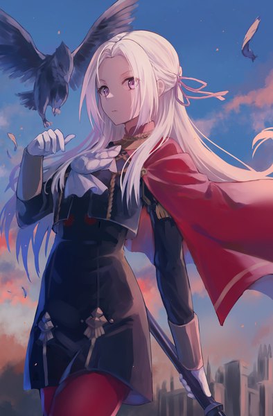 Anime picture 1258x1914 with fire emblem fire emblem: three houses nintendo edelgard von hresvelg .com single long hair tall image looking at viewer standing purple eyes holding sky cloud (clouds) outdoors white hair arm up wind half updo girl