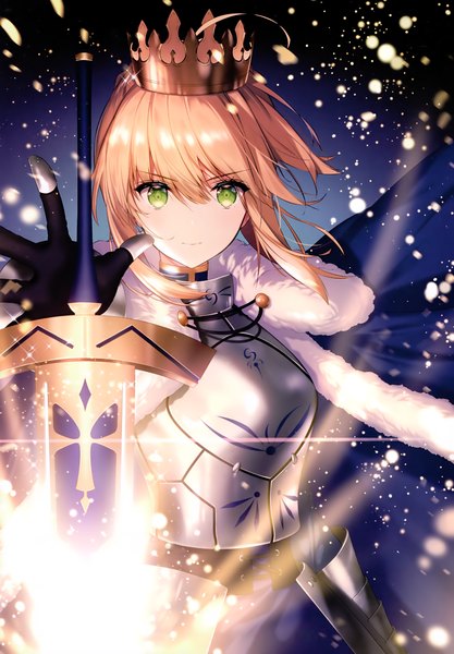 Anime picture 3208x4619 with fate (series) fate/stay night artoria pendragon (all) saber necomi (gussan) single tall image looking at viewer fringe highres short hair blonde hair hair between eyes green eyes absurdres upper body ahoge wind scan outstretched arm