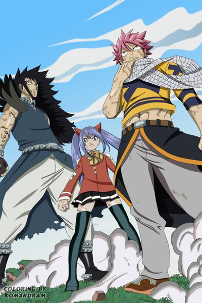 Anime picture 1024x1534 with fairy tail natsu dragneel wendy marvell gajeel redfox komandram long hair tall image short hair black hair red eyes twintails brown eyes blue hair pink hair sky cloud (clouds) piercing coloring smoke muscle
