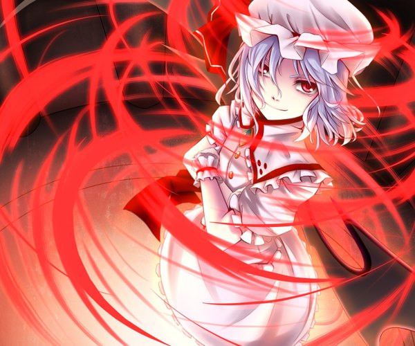 Anime picture 1416x1180 with touhou remilia scarlet gayprince single short hair red eyes blue hair light smile girl dress hat headdress wrist cuffs