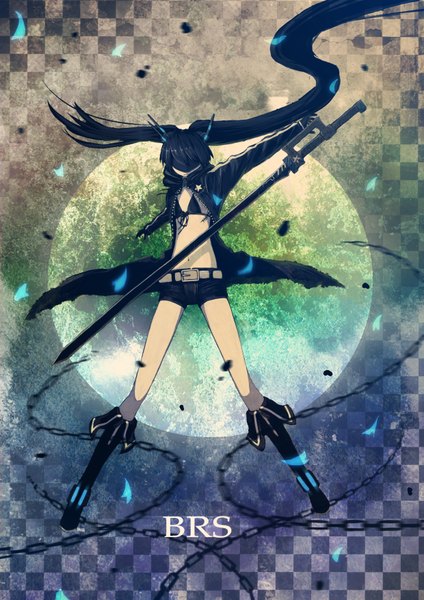 Anime picture 2480x3507 with black rock shooter black rock shooter (character) hin (conqueror) single long hair tall image highres black hair standing midriff legs torn clothes checkered background hair over eyes girl navel weapon shorts boots chain