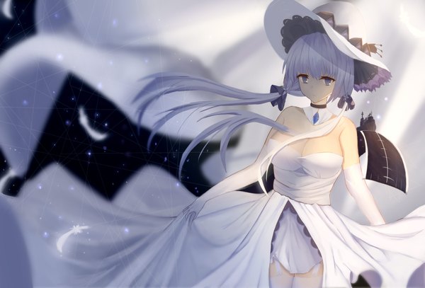 Anime picture 3307x2244 with azur lane illustrious (azur lane) aer7o single long hair fringe highres breasts light erotic hair between eyes large breasts standing purple eyes twintails bare shoulders payot absurdres cleavage silver hair wind