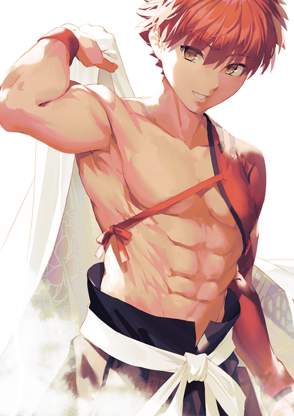 Anime picture 2150x3035 with fate (series) fate/grand order sengo muramasa (fate) xkirara39x single tall image fringe highres short hair simple background smile hair between eyes white background yellow eyes red hair grin muscle abs boy