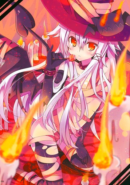 Anime picture 2466x3500 with mishima kurone long hair tall image blush highres light erotic red eyes white hair tail naked ribbon girl thighhighs gloves black thighhighs wings elbow gloves witch hat fire lollipop candle (candles)