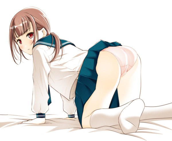 Anime picture 2000x1641 with original secret dmain single long hair looking at viewer blush fringe highres light erotic simple background red eyes brown hair white background full body ass blunt bangs looking back from behind no shoes low ponytail