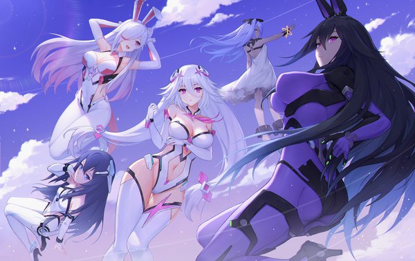 Anime picture 3000x1893 with sky diver xipuria tagme (character) reina (xipuria) emile (xipuria) gu tao long hair fringe highres breasts open mouth blue eyes light erotic black hair hair between eyes large breasts bare shoulders multiple girls animal ears blue hair sky