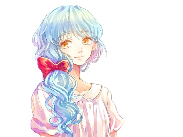 Anime picture 800x600 with original yuari kim single long hair fringe simple background white background yellow eyes blue hair looking away upper body side ponytail girl bow hair bow blouse