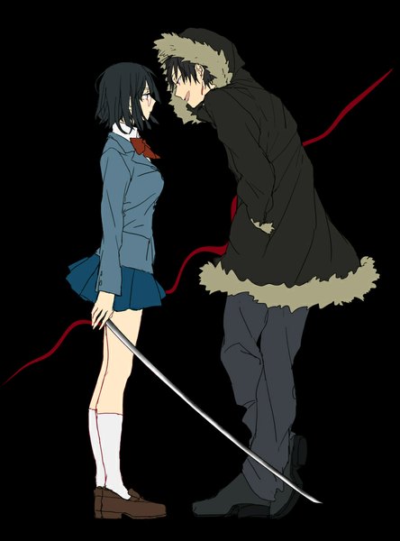 Anime picture 772x1042 with durarara!! brains base (studio) orihara izaya sonohara anri urahara tall image short hair open mouth black hair simple background red eyes profile black background face to face hands in pockets girl boy uniform weapon school uniform