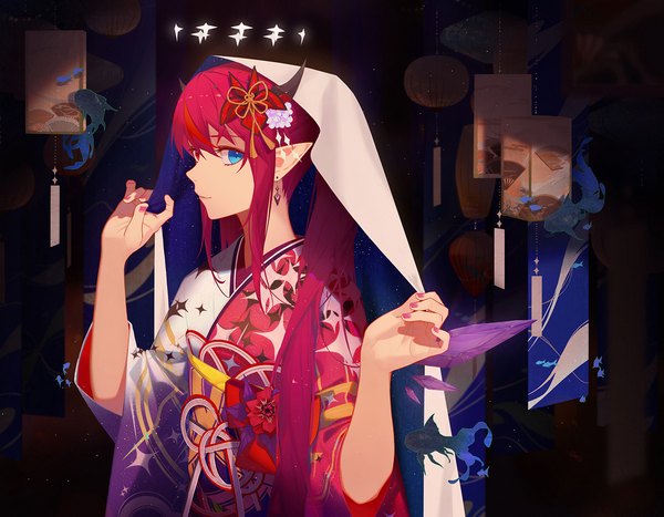 Anime picture 1387x1080 with virtual youtuber hololive hololive english irys (hololive) reirz single long hair looking at viewer blue eyes payot upper body ponytail red hair nail polish traditional clothes japanese clothes horn (horns) pointy ears heterochromia pink nail polish