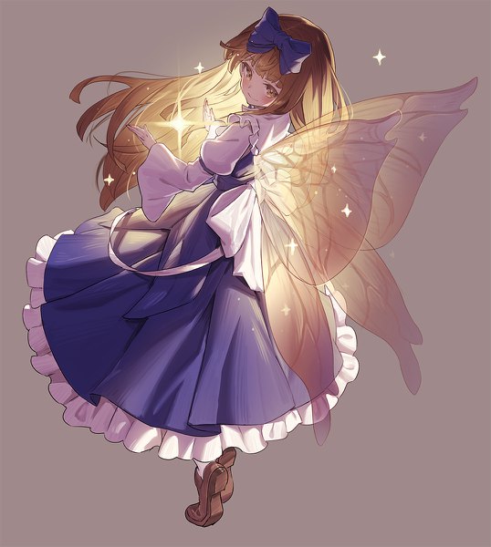Anime picture 1076x1200 with touhou star sapphire yamamomo (plank) single long hair tall image fringe smile brown hair brown eyes full body sparkle turning head fantasy insect wings butterfly wings fairy girl bow hair bow