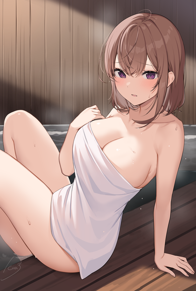 Anime picture 2756x4069 with original ikomochi single tall image looking at viewer blush fringe highres short hair breasts open mouth light erotic brown hair large breasts purple eyes signed indoors arm support wet steam