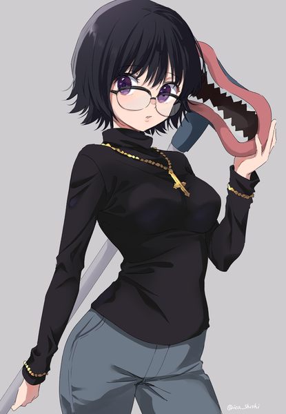 Anime picture 800x1158 with hunter x hunter shizuku (hunter x hunter) ica single tall image looking at viewer short hair black hair simple background standing purple eyes signed grey background twitter username girl glasses cross turtleneck cross necklace