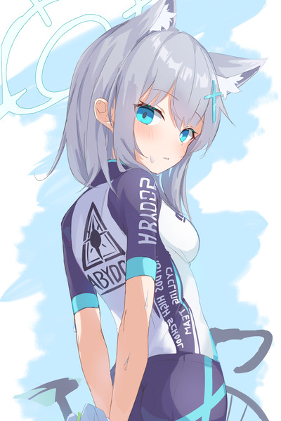 Anime picture 2800x4200 with blue archive shiroko (blue archive) wep16night single tall image blush fringe highres short hair blue eyes hair between eyes animal ears silver hair looking back sweat hands behind back extra ears girl halo ground vehicle