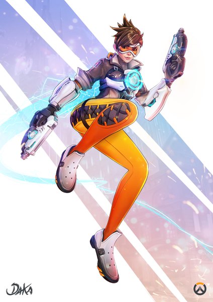 Аниме картинка 1920x2715 с overwatch blizzard entertainment tracer (overwatch) daka dibuja один (одна) высокое изображение смотрит на зрителя высокое разрешение короткие волосы улыбка каштановые волосы держать карие глаза подписанный согнутое колено (колени) шнуровка прыг! волосы торчком ухмылка логотип