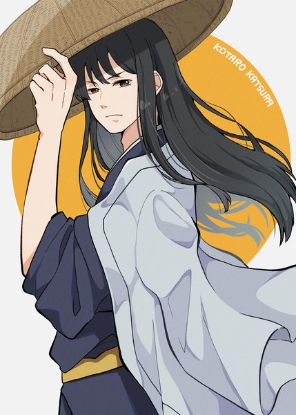 Anime picture 1572x2199 with gintama sunrise (studio) katsura kotarou takosuke (gyzp7373) single long hair tall image black hair upper body traditional clothes japanese clothes black eyes character names clothes on shoulders adjusting hat boy hat