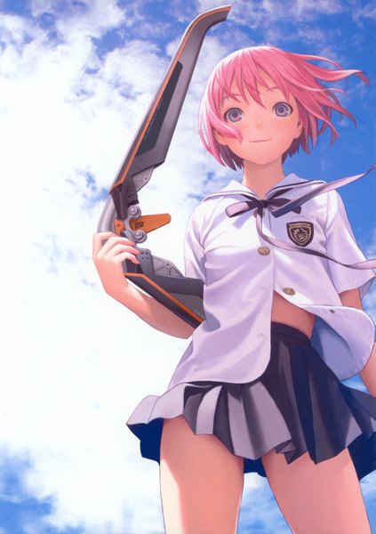 Anime picture 2465x3496 with shangri-la houjou kuniko range murata single tall image highres short hair smile purple eyes pink hair sky pleated skirt light smile wind scan from below partially open clothes girl skirt uniform