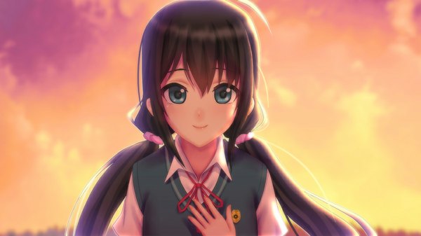 Anime picture 960x540 with original guang yiren single long hair looking at viewer blue eyes black hair smile wide image girl uniform school uniform