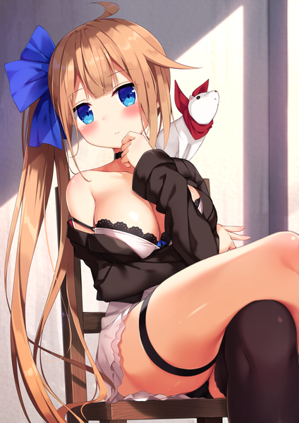 Anime picture 1024x1448 with girls frontline fal (girls frontline) ezoshika gg single long hair tall image looking at viewer blush fringe breasts blue eyes light erotic brown hair sitting bare shoulders cleavage ahoge indoors blunt bangs off shoulder