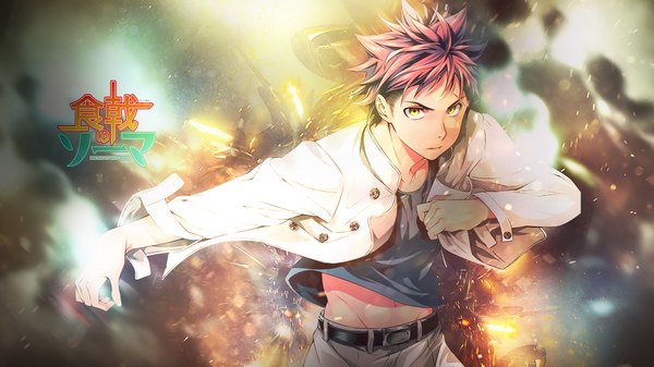 Anime picture 1920x1080 with shokugeki no soma j.c. staff yukihira souma redeye27 single looking at viewer highres short hair wide image yellow eyes red hair from above bare belly depth of field wallpaper copyright name outstretched arm groin scar spiked hair