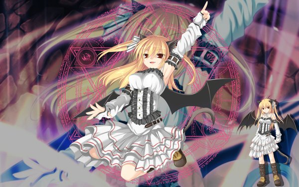 Anime picture 1920x1200 with himegari dungeon meister lily (himegari dungeon meister) long hair highres open mouth blonde hair red eyes wide image animal ears tail animal tail cat ears cat tail magic girl dress detached sleeves wings boots magic circle