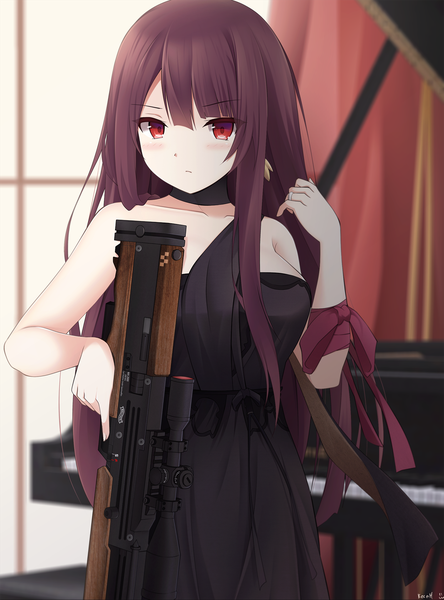 Anime picture 1334x1800 with girls frontline wa2000 (girls frontline) keenh single long hair tall image looking at viewer blush fringe breasts hair between eyes red eyes standing bare shoulders holding signed purple hair indoors fingernails blurry