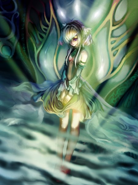 Anime picture 1200x1600 with original st.microscope single tall image fringe short hair blonde hair red eyes hair over one eye girl dress detached sleeves hairband