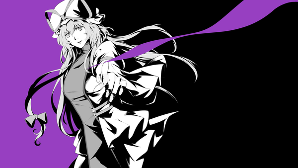 Anime picture 1920x1080 with touhou yakumo yukari arkatopia single long hair looking at viewer fringe highres simple background hair between eyes wide image parted lips light smile wallpaper black background purple background polychromatic pointing at viewer high contrast girl