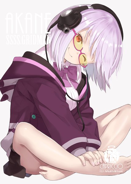 Anime picture 713x1000 with gridman universe ssss.gridman studio trigger shinjou akane capriccio single tall image looking at viewer short hair simple background smile red eyes sitting signed pink hair head tilt one eye closed barefoot wink copyright name