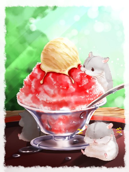 Anime picture 900x1200 with original kana yutaka tall image sitting looking away sky eyes closed sunlight border eating no people animal food spoon shaved ice hamster