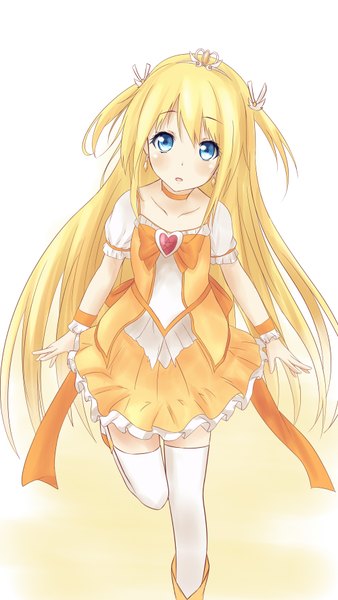 Anime picture 1000x1774 with saku (kudrove) single long hair tall image looking at viewer blush blue eyes blonde hair girl thighhighs dress white thighhighs frills