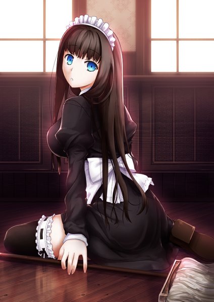 Anime picture 707x1000 with original moe2015 yoshida takuma single long hair tall image fringe breasts open mouth blue eyes brown hair large breasts bent knee (knees) indoors from behind maid girl thighhighs uniform bow