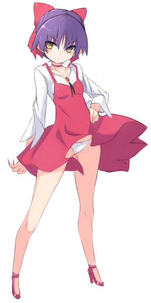 Anime-Bild 649x1300 mit gegege no kitarou toei animation nekomusume nekomusume (gegege no kitarou 6) karukan (monjya) single tall image blush fringe short hair light erotic simple background hair between eyes standing white background yellow eyes purple hair full body fingernails high heels