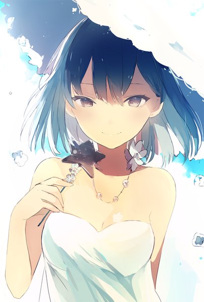 Anime picture 650x963 with original lpip single tall image looking at viewer blush fringe short hair simple background smile hair between eyes white background bare shoulders holding brown eyes blue hair cleavage upper body arm behind back girl