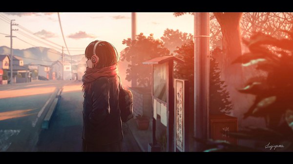 Anime picture 1900x1066 with original sugi87 single highres short hair black hair wide image signed looking away sky cloud (clouds) sunlight depth of field evening letterboxed hands in pockets bare tree street girl plant (plants)