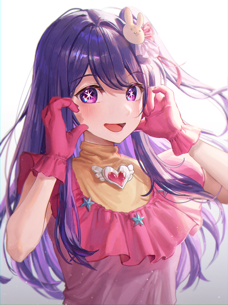 Anime picture 3000x4000 with oshi no ko hoshino ai (oshi no ko) chabi009 single long hair tall image looking at viewer blush highres open mouth simple background purple eyes purple hair upper body :d one side up gradient background symbol-shaped pupils girl gloves