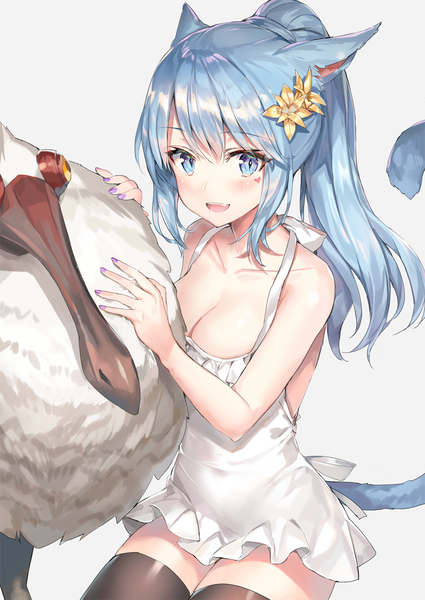 Anime picture 800x1130 with final fantasy final fantasy xiv square enix miqo'te momoko (momopoco) single long hair tall image looking at viewer blush fringe breasts open mouth blue eyes light erotic simple background smile hair between eyes sitting animal ears
