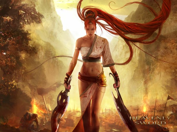 Anime picture 1024x768 with heavenly sword noriko talexi long hair holding ponytail red hair very long hair official art dual wielding girl navel weapon animal sword bird (birds) blood fire