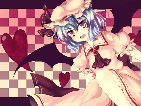 Anime picture 1600x1200 with touhou remilia scarlet uranaishi (miraura) minagi (miraura) single fringe short hair open mouth hair between eyes red eyes blue hair fang (fangs) puffy sleeves checkered vampire checkered background girl dress hat wings