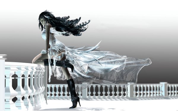 Anime picture 2560x1600 with final fantasy final fantasy viii square enix rinoa heartilly monty oum single looking at viewer highres black hair wide image brown eyes absurdres grey background high heels monochrome transparent 3d girl dress shoes