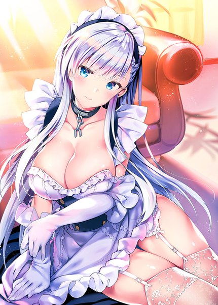 Anime picture 800x1116 with azur lane belfast (azur lane) rei (rei's room) single long hair tall image looking at viewer blush fringe breasts blue eyes light erotic hair between eyes large breasts sitting cleavage silver hair indoors braid (braids) head tilt