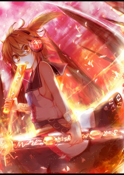 Anime picture 2000x2828 with touhou toyosatomimi no miko benio (dontsugel) single tall image blush highres short hair open mouth red eyes holding orange hair sailor collar surprised girl weapon sword bracelet belt headphones