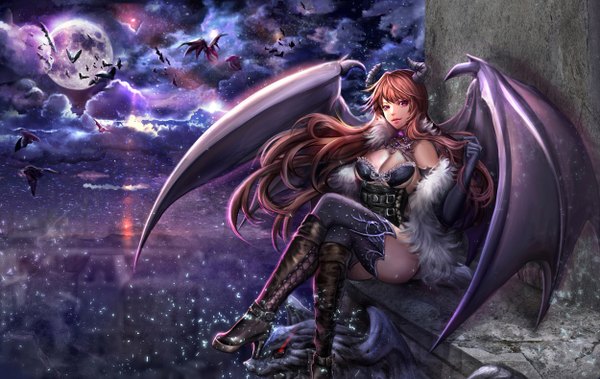 Anime picture 2500x1580 with original sangrde single long hair looking at viewer fringe highres breasts light erotic smile brown hair large breasts sitting bare shoulders cloud (clouds) bent knee (knees) pink eyes horn (horns) night high heels