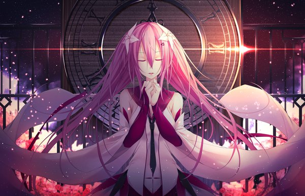 Anime picture 1875x1210 with original yoaferia single long hair fringe highres hair between eyes twintails bare shoulders pink hair eyes closed hair flower praying girl dress hair ornament flower (flowers) detached sleeves petals necktie