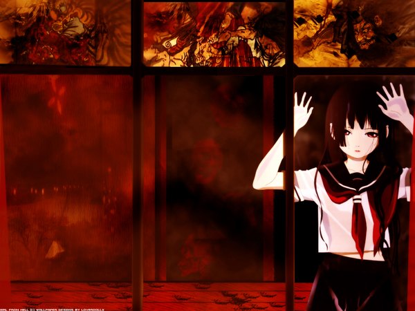 Anime picture 1600x1200 with hell girl studio deen enma ai oka mariko loverdollx single long hair looking at viewer black hair red eyes signed indoors arms up third-party edit against glass girl uniform serafuku