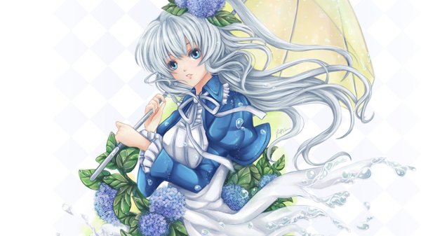 Anime picture 1366x768 with original hayashinomura single long hair blue eyes simple background wide image white background signed silver hair hair flower one side up rhombus girl dress hair ornament flower (flowers) plant (plants) water umbrella