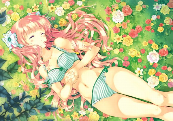 Anime picture 1280x900 with single long hair blush light erotic pink hair lying hair flower underwear only sleeping girl hair ornament underwear flower (flowers)