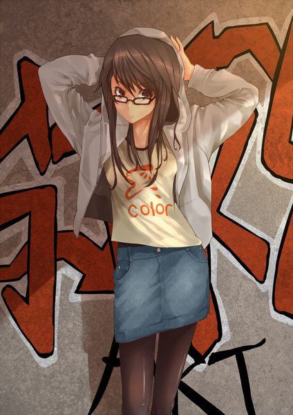 Anime picture 566x800 with original yoo (tabi no shiori) single long hair tall image looking at viewer fringe brown hair standing brown eyes open clothes open jacket graffiti girl skirt pantyhose glasses jacket hood wall