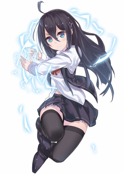 Anime picture 714x1000 with original ray-akila single long hair tall image looking at viewer blush blue eyes black hair simple background white background ahoge jumping lightning girl thighhighs skirt black thighhighs
