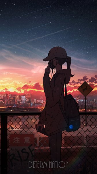 Anime picture 1480x2636 with original pasoputi single long hair tall image brown hair standing looking away sky cloud (clouds) outdoors ponytail long sleeves profile night text city glowing evening reflection